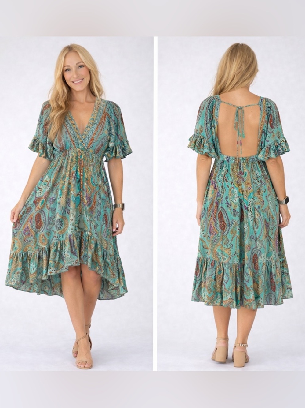 Earthbound Teal Paisley High-Low Open-Back Midi Dress